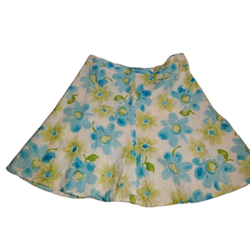 VTG Linen Blend Skirt Womens 12 Blue Green Floral Lime Yours George Flowy Femme